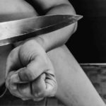 Woman,Use,Knife,Slitting,Her,Wrist,In,White,Tone,With